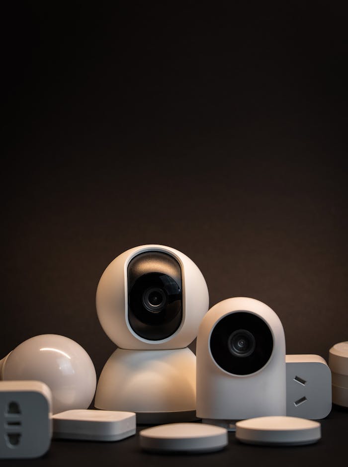 our-services-2 Close-up of modern white security cameras and smart home devices with dark background.
